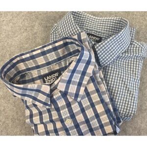 Lands End Mens Long Sleeve Button Down Shirts Blue Check Casual Size M LOT OF 2